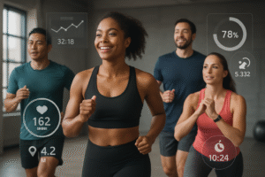 Group of people jogging indoors with digital fitness data overlays showing heart rate, distance, and performance metrics.