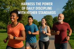 Group of diverse adults jogging together in a sunny park, promoting fitness and discipline with Higher Standards.