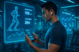 Man using a futuristic fitness app with AI insights, heart rate, and calorie tracking displayed on holographic screens.