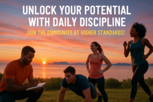 Group of diverse people training outdoors at sunrise with motivational text promoting the Higher Standards community.