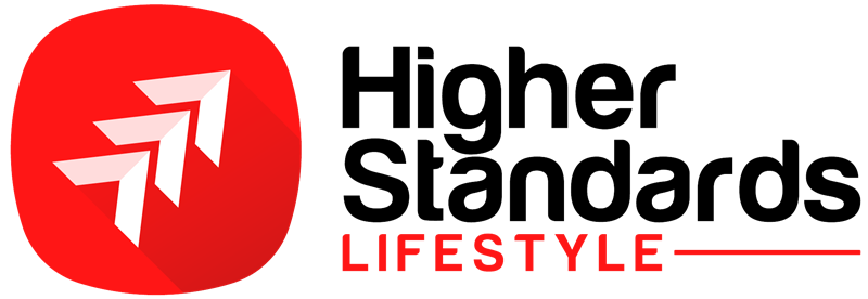 Higher Standards Lifestyle logo with red upward arrows icon and bold black and red text