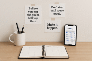Minimalist desk with an open planner, motivational quotes on the wall, and a smartphone showing a habit tracking app.