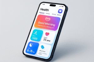 Smartphone displaying a modern health and wellness tracking app with daily stats like steps, heart rate, and sleep.