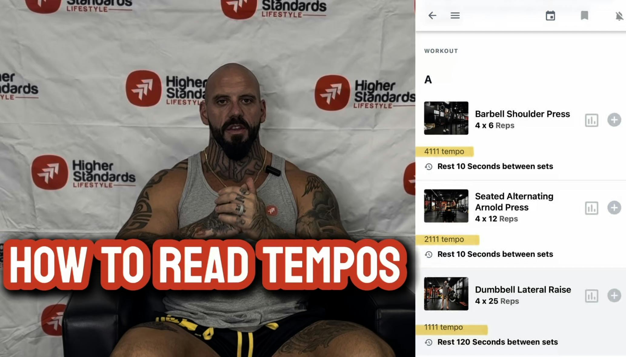 Fitness coach explaining how to read workout tempos, with exercise list and tempo notation shown on screen.