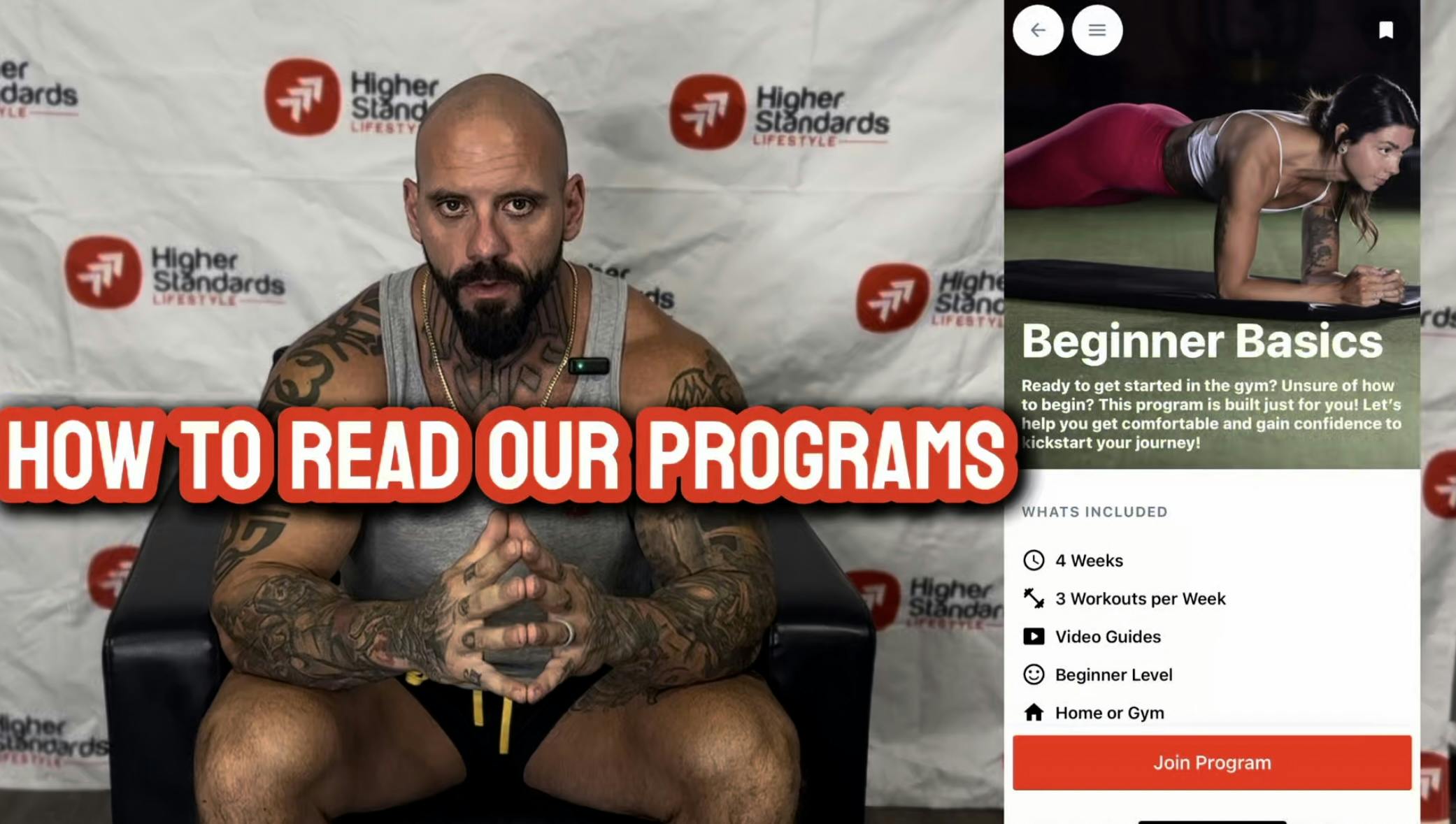 Coach explaining how to read fitness programs, next to a screenshot of the Beginner Basics workout plan on a mobile app.